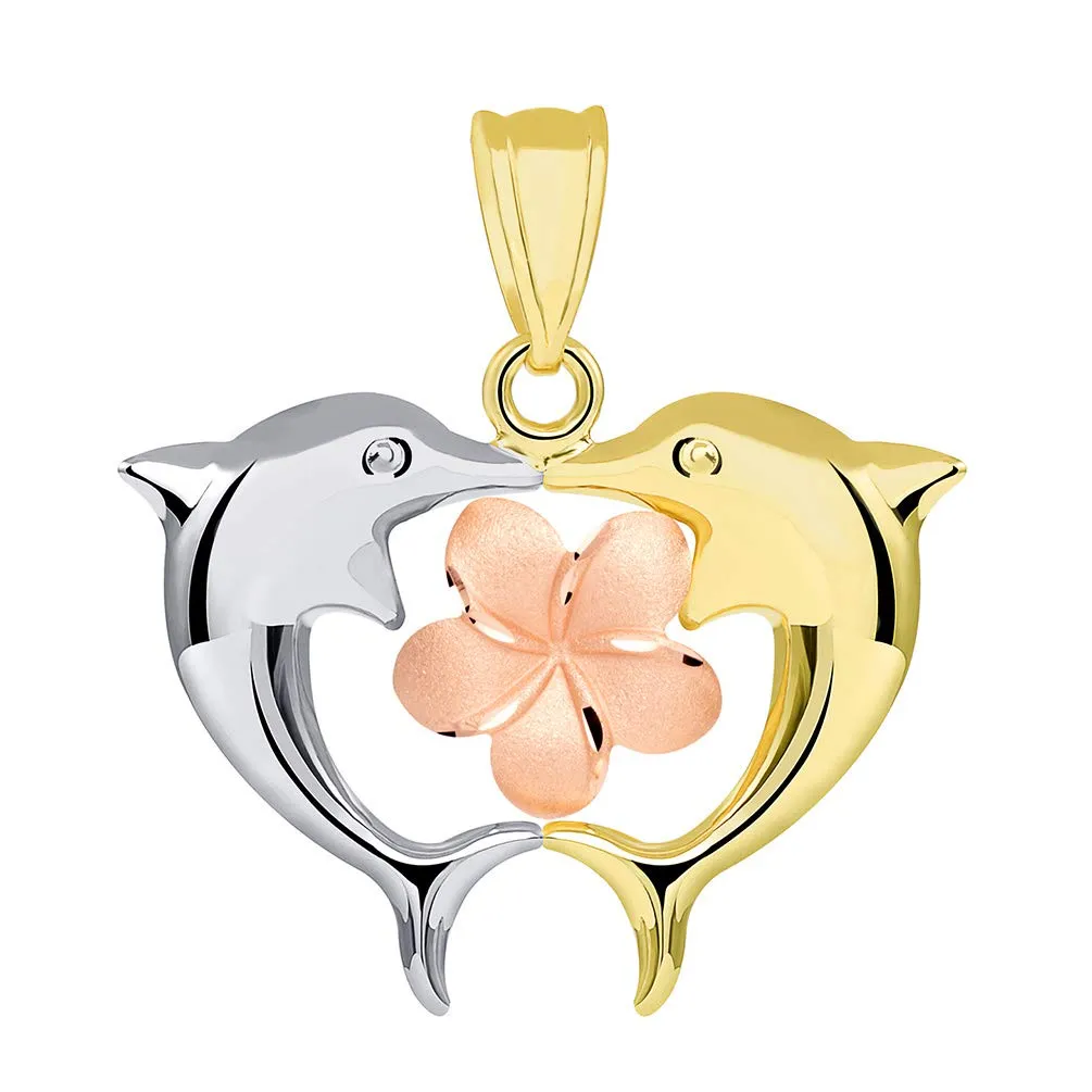 14k Gold High Polish Kissing Dolphins with Hawaiian Plumeria Flower Pendant Necklace - Tri Color Gold