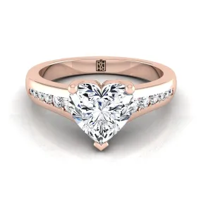 14K Rose Gold Heart Shape Center Contemporary Tapered Diamond Channel Engagement Ring -1/6ctw