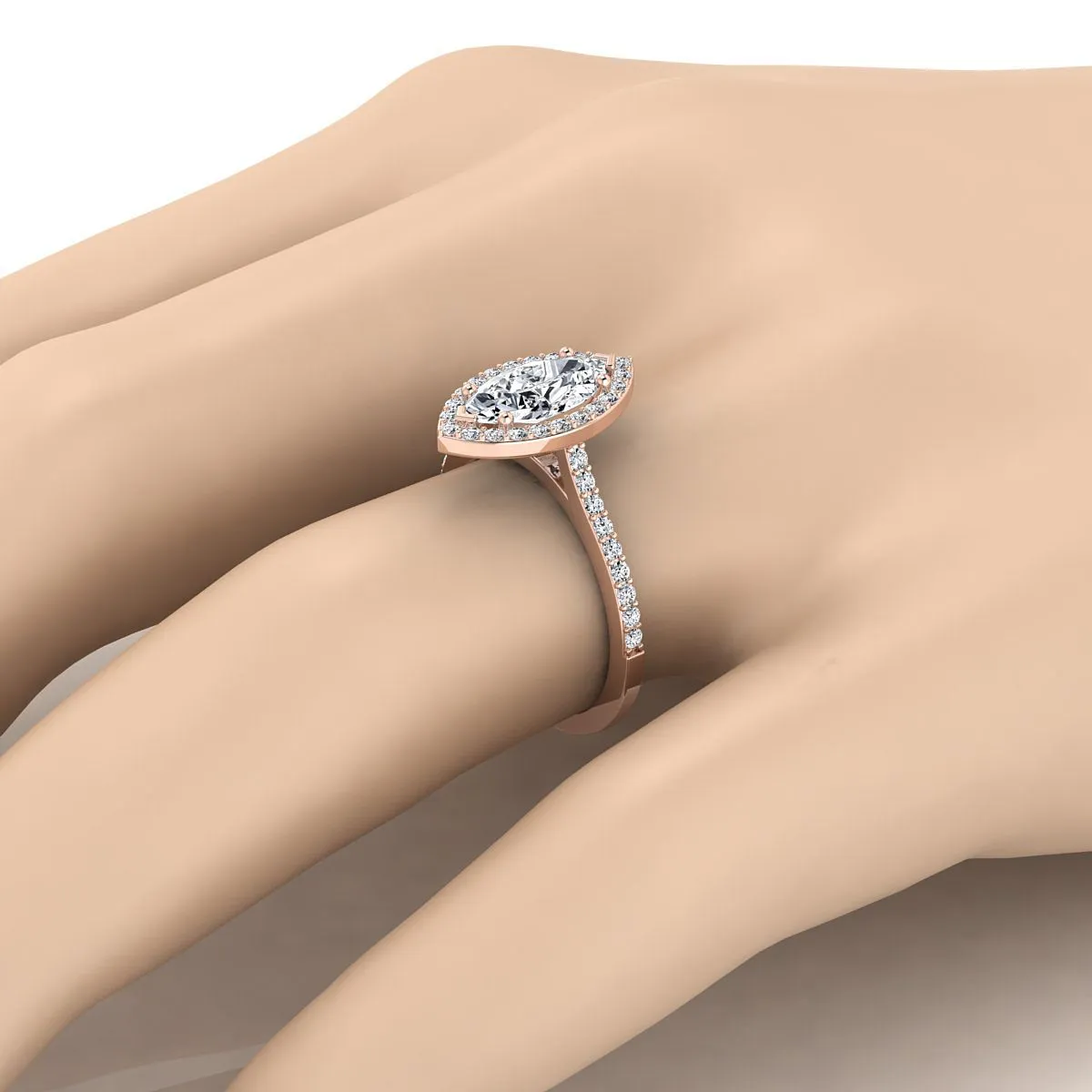 14K Rose Gold Marquise  Classic French Pave Diamond Halo and Linear Engagement Ring -1/3ctw