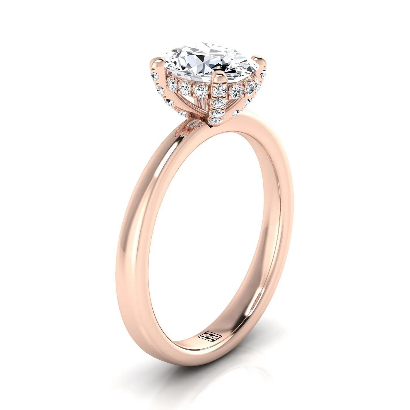 14K Rose Gold Oval Diamond Adorned Claws and Secret Halo Solitaire Engagement Ring -1/10ctw