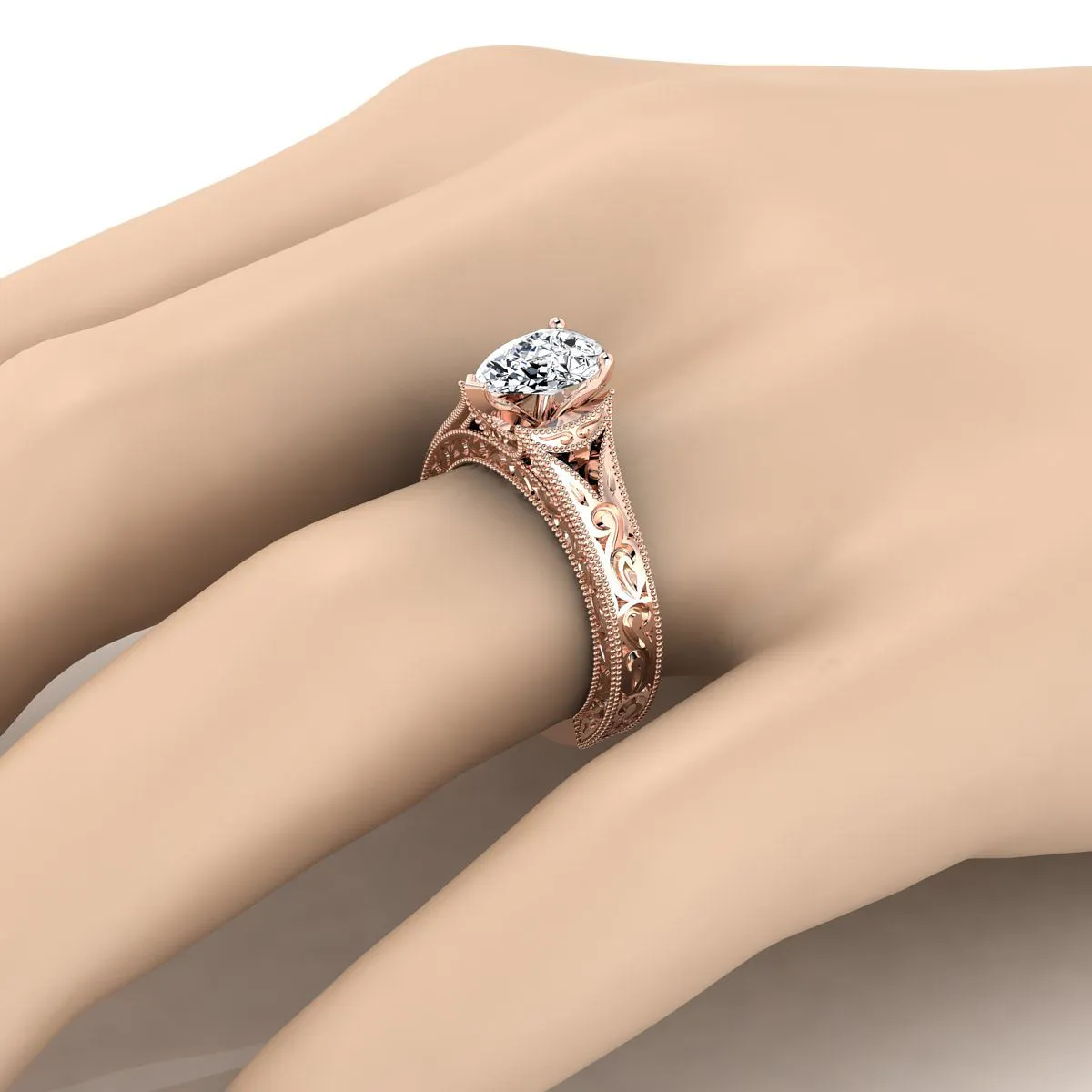 14K Rose Gold Pear Shape Center  Hand Engraved and Milgrain Vintage Solitaire Engagement Ring