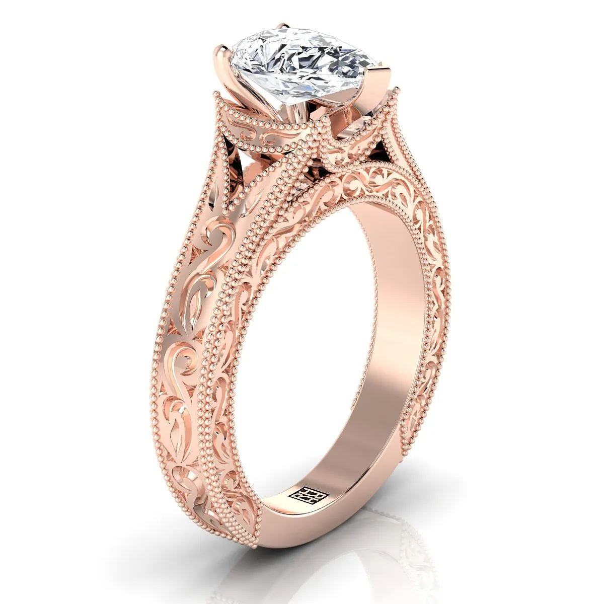 14K Rose Gold Pear Shape Center  Hand Engraved and Milgrain Vintage Solitaire Engagement Ring