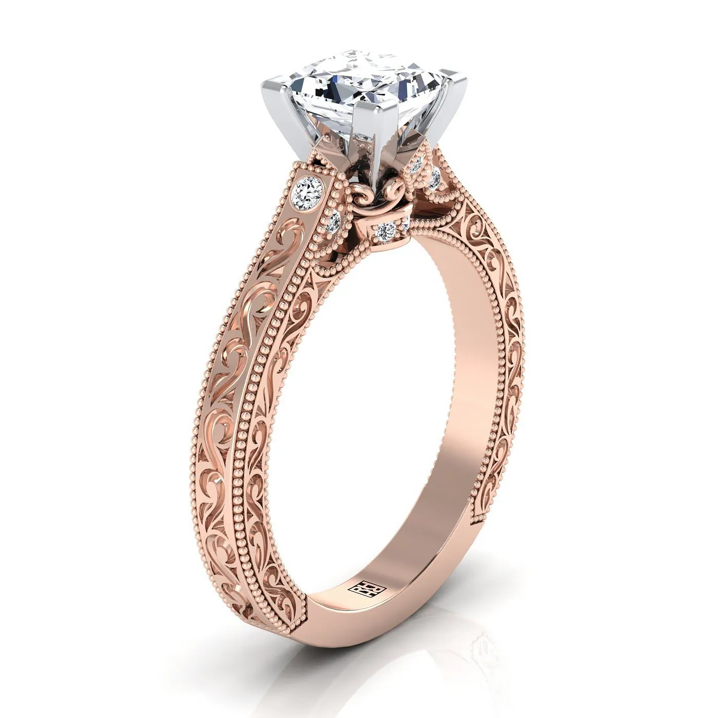 14K Rose Gold Princess Cut Delicate Diamond Accented Antique Hand Engraved Engagement Ring -1/10ctw