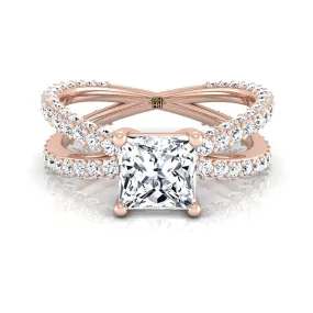 14K Rose Gold Princess Cut Open Diamond Pave Criss Cross Engagement Ring -1-1/3ctw