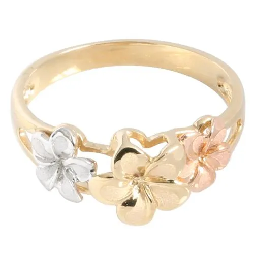 14K Tri-Color Gold Triple Plumeria Ring Sandblast Polish Edge (S)