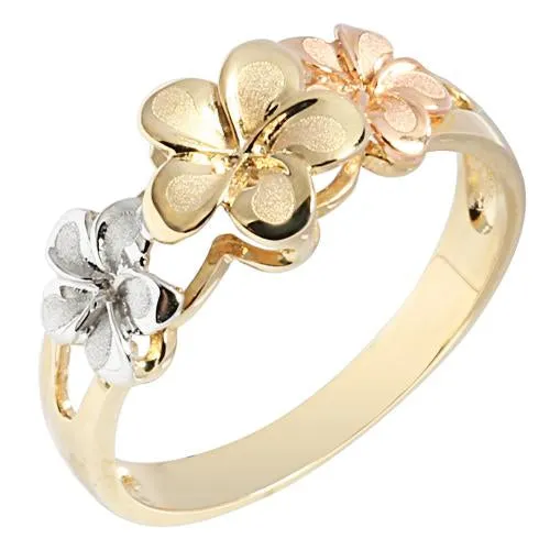 14K Tri-Color Gold Triple Plumeria Ring Sandblast Polish Edge (S)