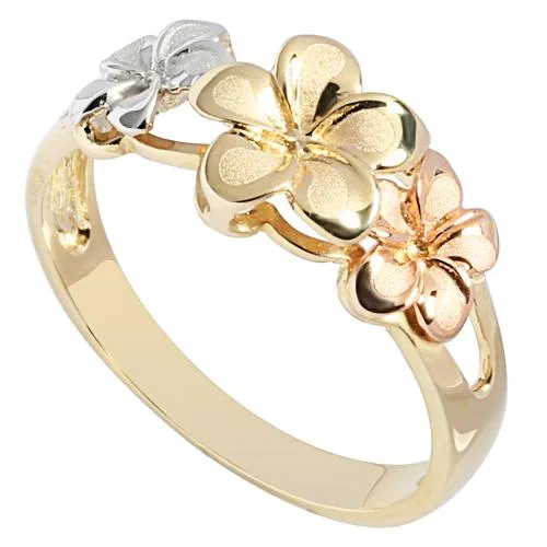 14K Tri-Color Gold Triple Plumeria Ring Sandblast Polish Edge (S)