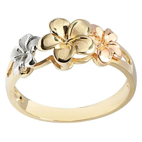 14K Tri-Color Gold Triple Plumeria Ring Sandblast Polish Edge (S)