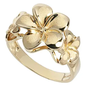 14K Yellow Gold Triple Plumeria Ring Sandblast Polish Edge (M)