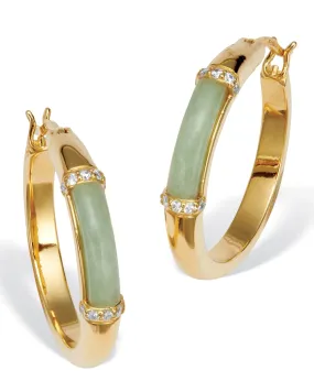 .18 TCW CZ Cabochon Cut Genuine Green Jade 18k Yellow Gold-plated Hoop Earrings | Green