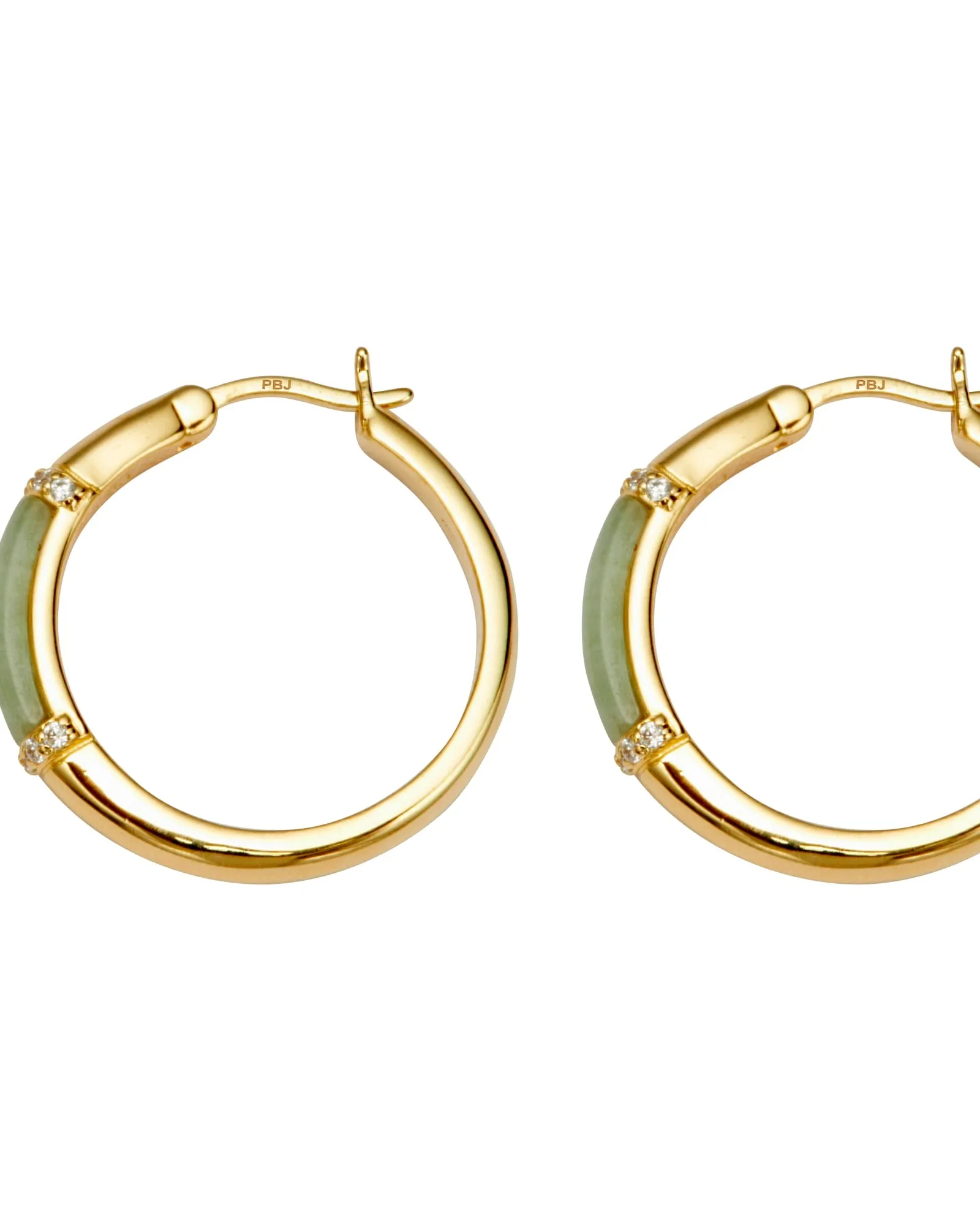 .18 TCW CZ Cabochon Cut Genuine Green Jade 18k Yellow Gold-plated Hoop Earrings | Green