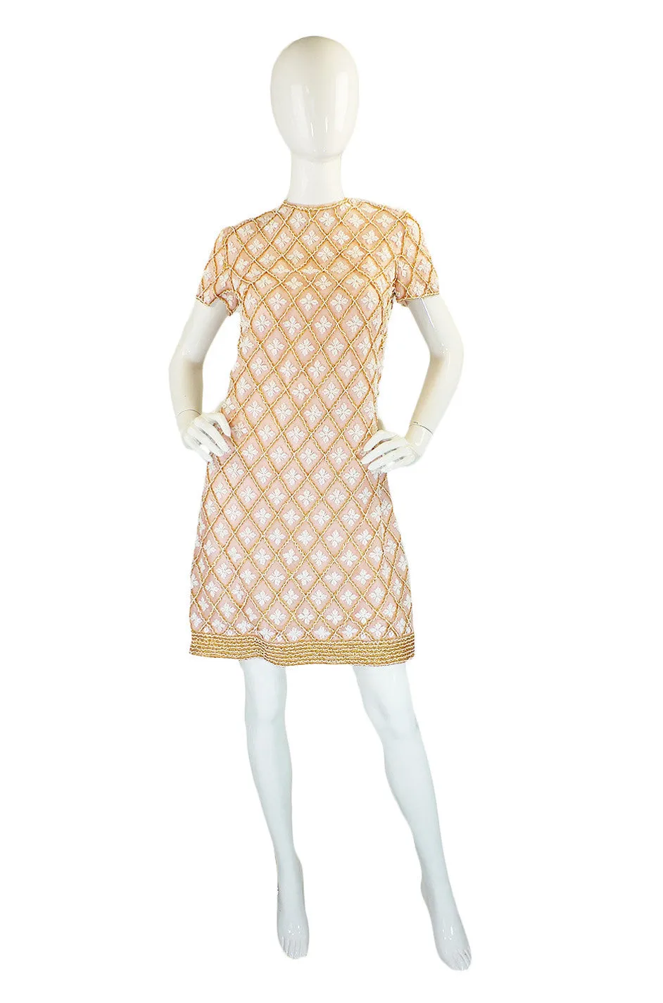 1960s Baby Pink Beaded Mod Shift Dress