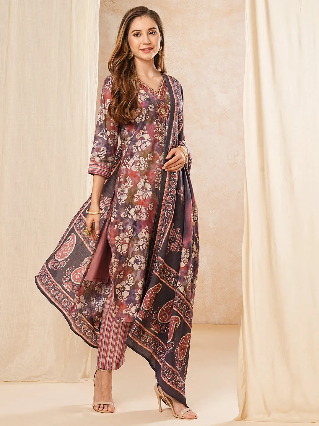 Abstract Printed Mirror Embroidered kurta with Pants & Dupatta - Purple