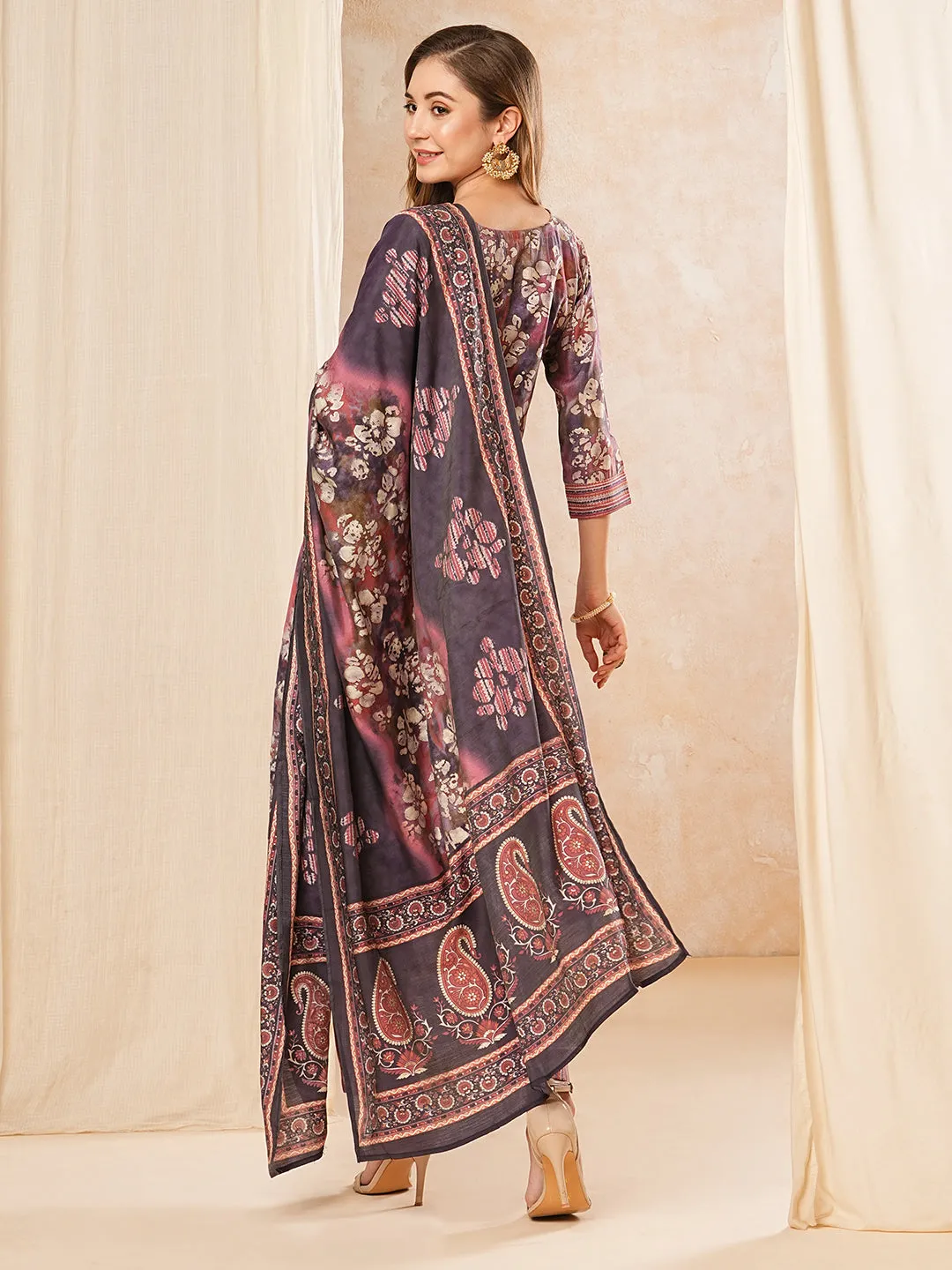 Abstract Printed Mirror Embroidered kurta with Pants & Dupatta - Purple