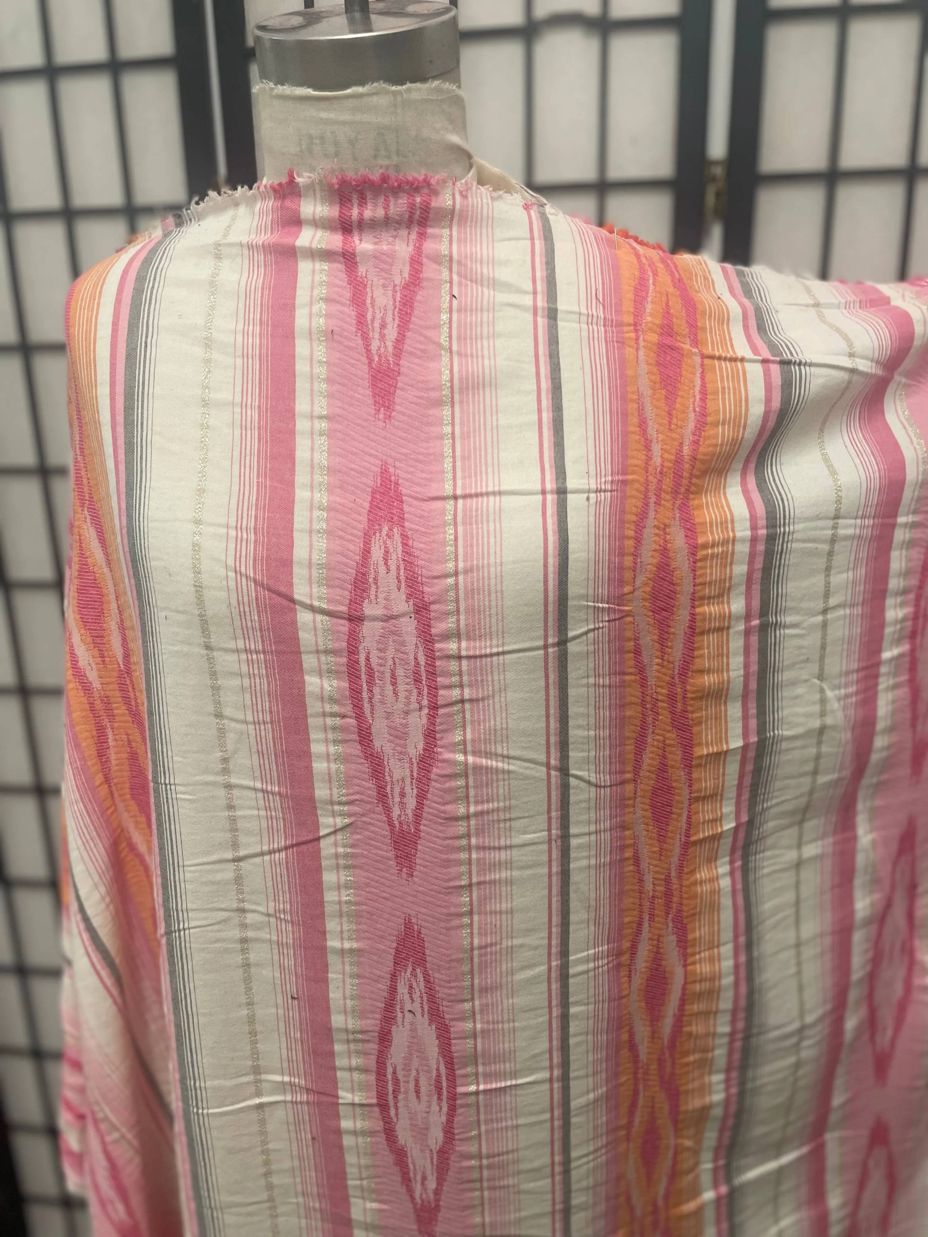 American Stripe Print Cotton - Off White, Grey, Gold, Orange, Pink & Lurex