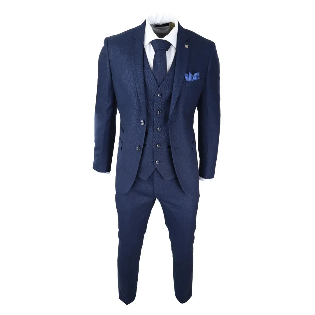 Arthur - Men's Navy Blue 3 Piece Suit Birdseye Suit Wedding Prom Formal Classic