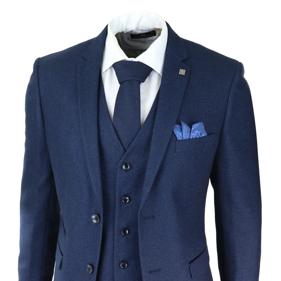 Arthur - Men's Navy Blue 3 Piece Suit Birdseye Suit Wedding Prom Formal Classic