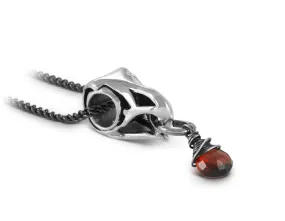 Bird Skull Necklace with Garnet - Silver