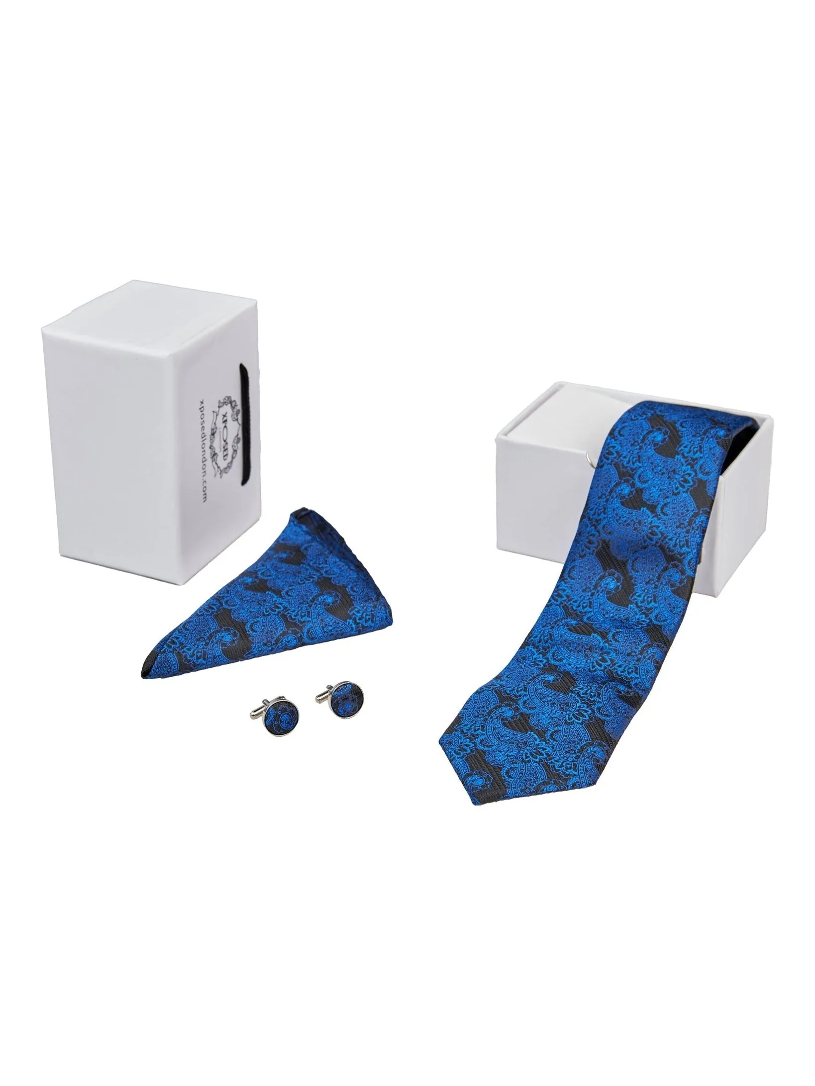 BLACK BLUE FLORAL PAISLEY NECK TIE SET