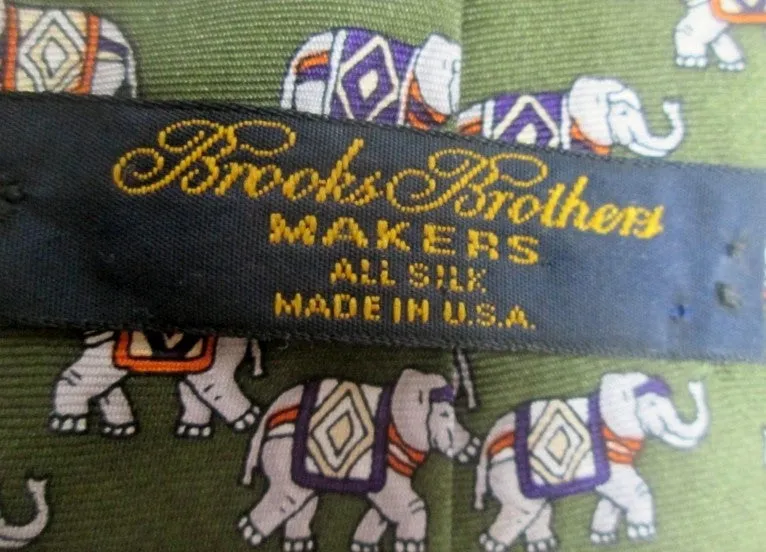 Brooks Brothers Elephant 100% Silk Tie USA NECK TIE GREEN Trunk Up Lucky