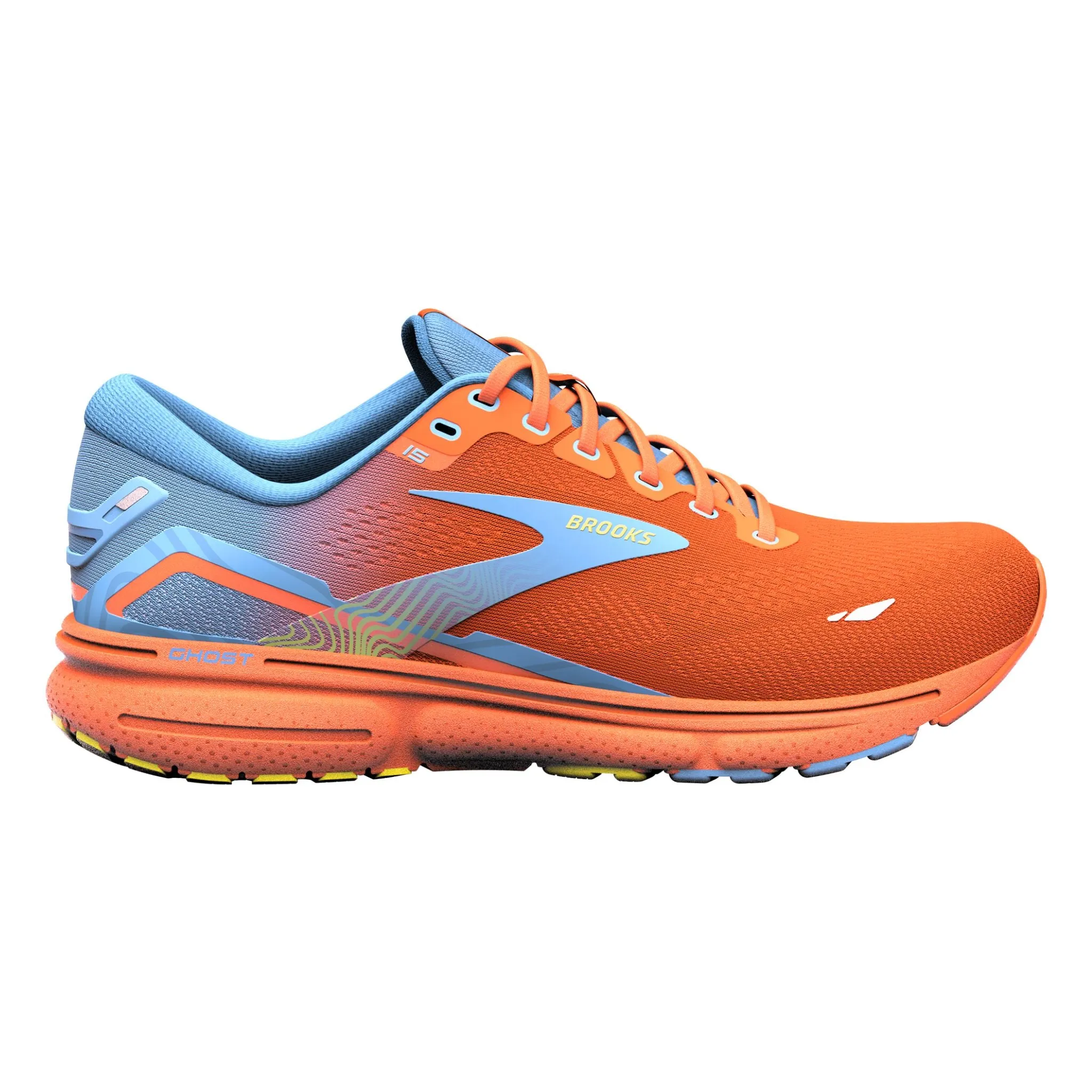 Brooks Men's 110393 848 Ghost 15 Orange/Blue/Yellow Cushion Neutral Running Shoes