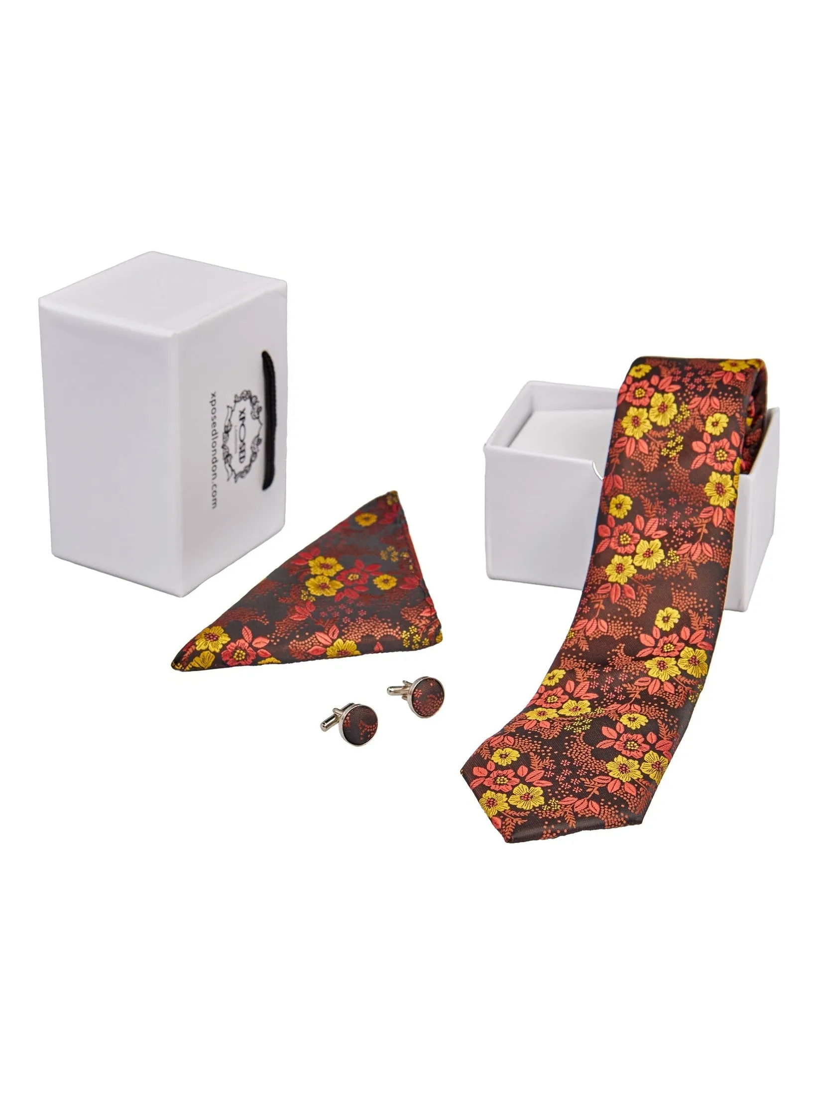 BROWN FLORAL PRINT NECK TIE SET