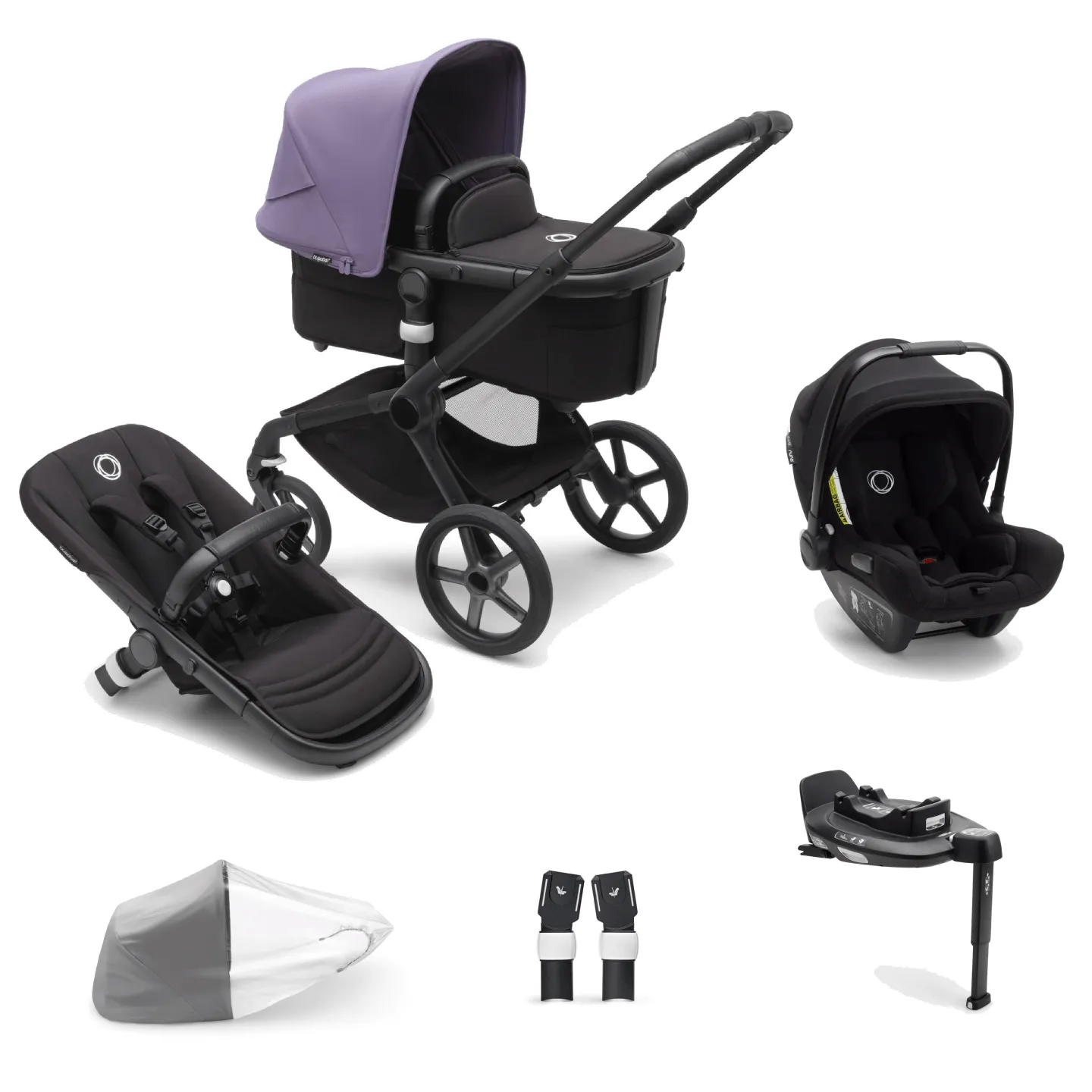 Bugaboo Fox 5, Nuna Turtle and Base Travel System - Black/Midnight Black/Astro Purple