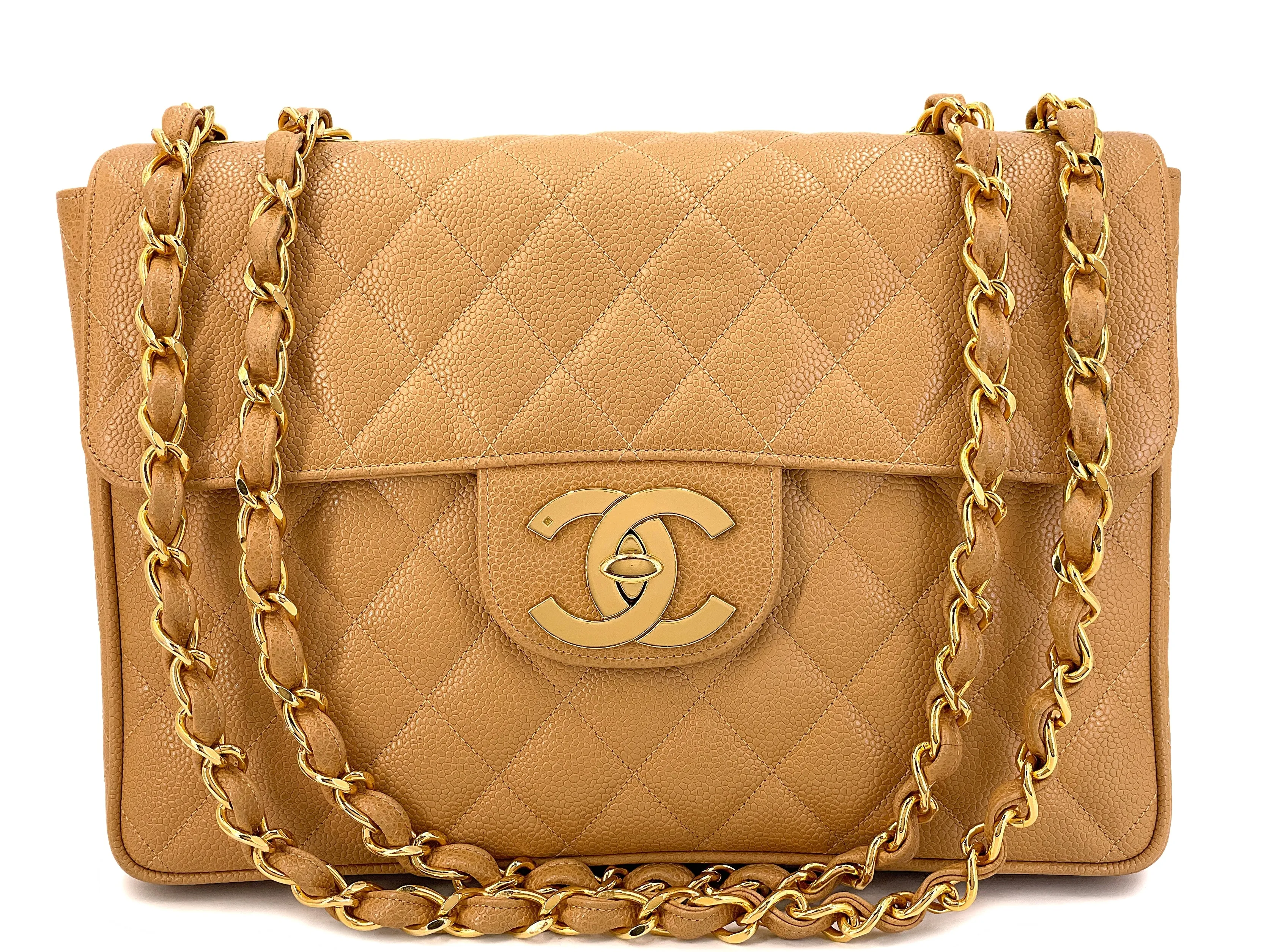 Chanel 1994 Vintage Caramel Beige Caviar Jumbo Classic Flap Bag 24k GHW I7H