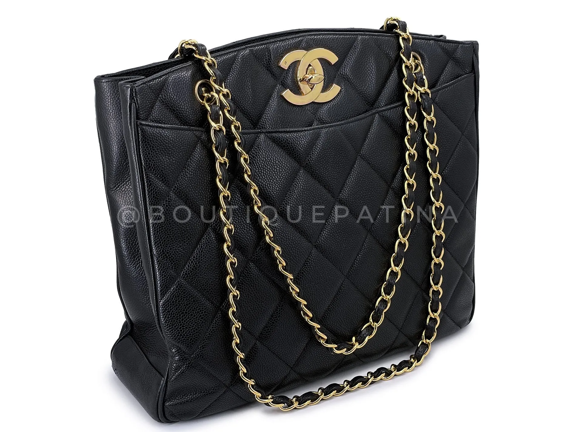 Chanel 1995 Vintage Black Caviar Large CC Timeless Shopper Tote Bag 24k GHW K1U