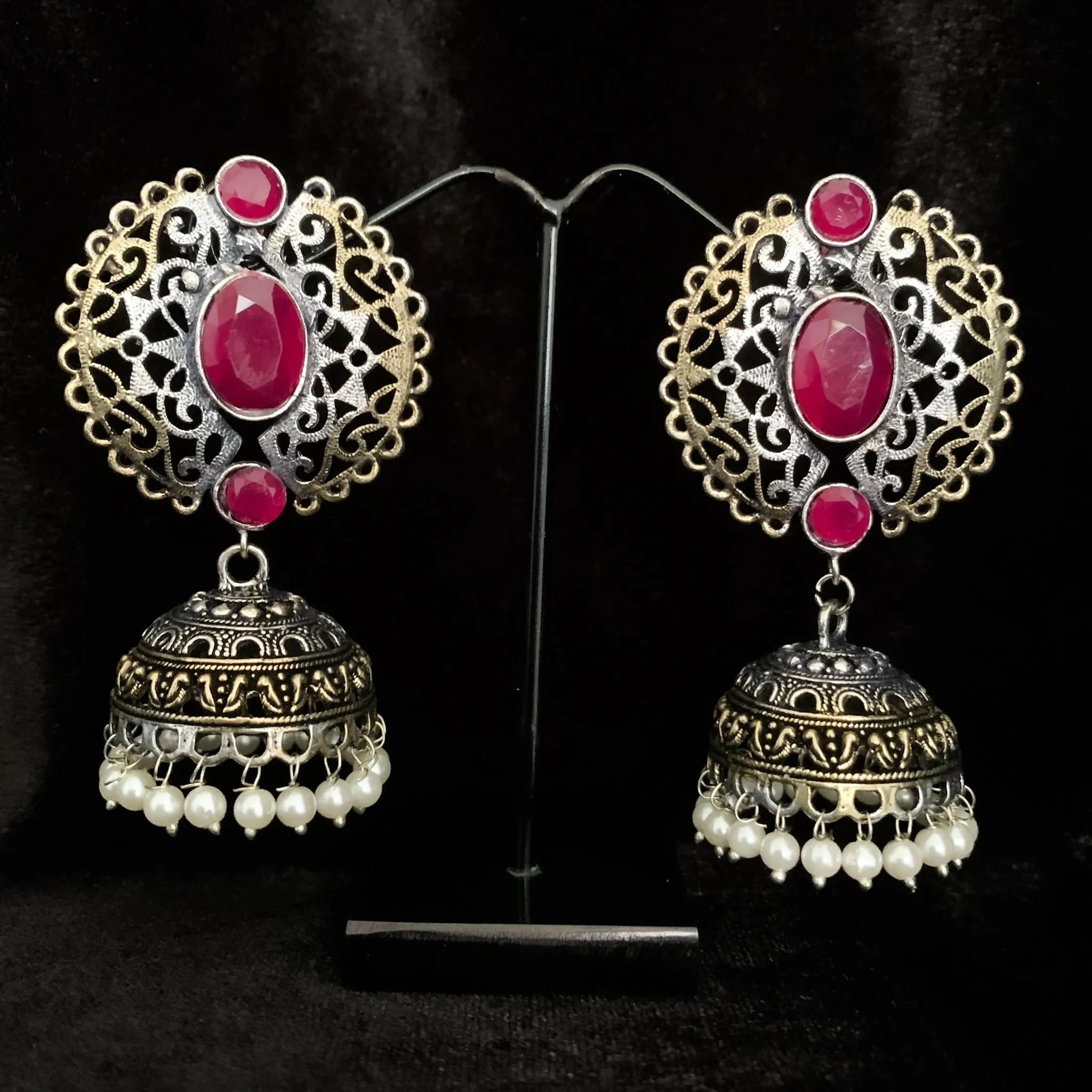 Charming Dual Tone Oxidized Silver Jhumka Earring with ruby red stone