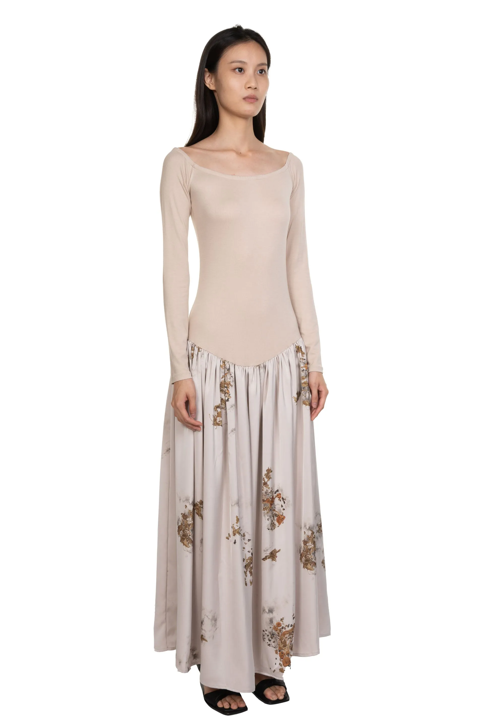 Chinese Medicine Print Bare Shoulder Volume Maxi Dress