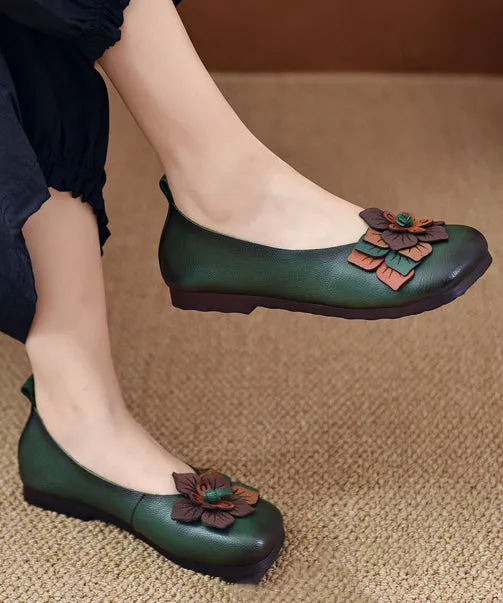 Comfortable Green Cowhide Leather Floral Splicing Flat Shoes