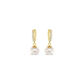 Diamond Huggie Earrings with a Pearl Drop