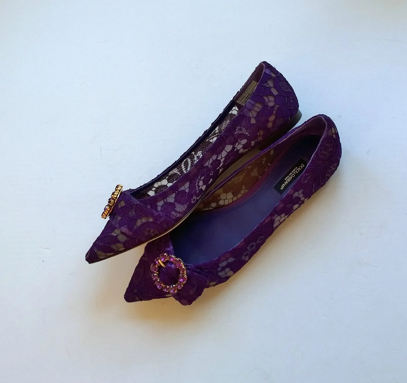 Dolce & Gabbana Purple Lace Flats Rhinestone buckle shoes