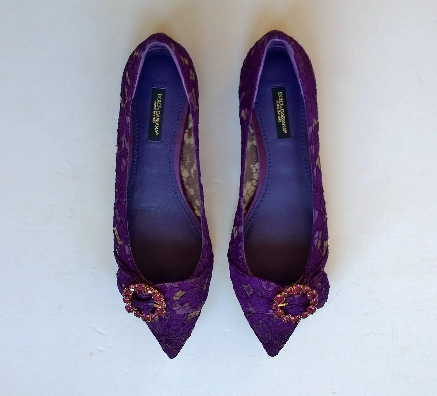 Dolce & Gabbana Purple Lace Flats Rhinestone buckle shoes