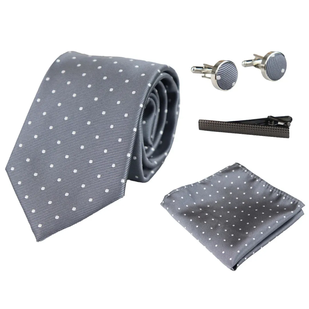 Dotted Neck Tie Gift Set Pocket Square Cuff Links Tie Pin Polka Dot Satin