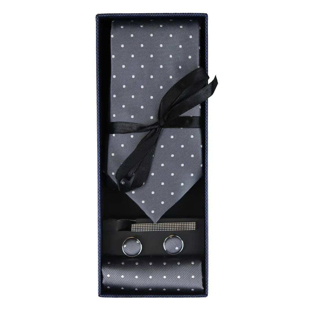 Dotted Neck Tie Gift Set Pocket Square Cuff Links Tie Pin Polka Dot Satin