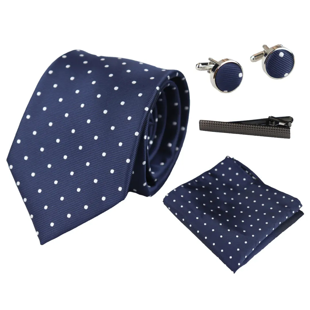 Dotted Neck Tie Gift Set Pocket Square Cuff Links Tie Pin Polka Dot Satin