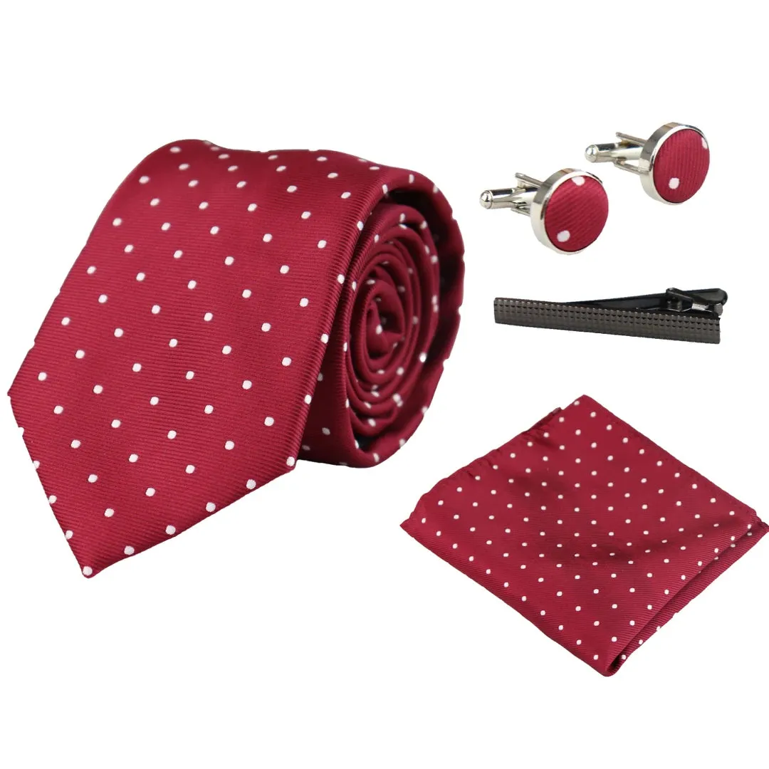 Dotted Neck Tie Gift Set Pocket Square Cuff Links Tie Pin Polka Dot Satin