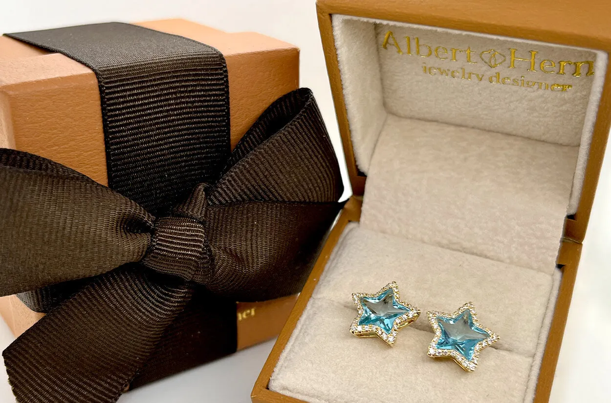 Earrings 18kt Gold Stars Blue Topaz & Diamonds Halo Studs