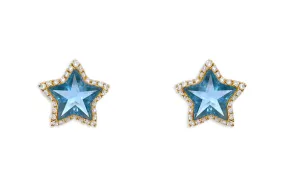 Earrings 18kt Gold Stars Blue Topaz & Diamonds Halo Studs