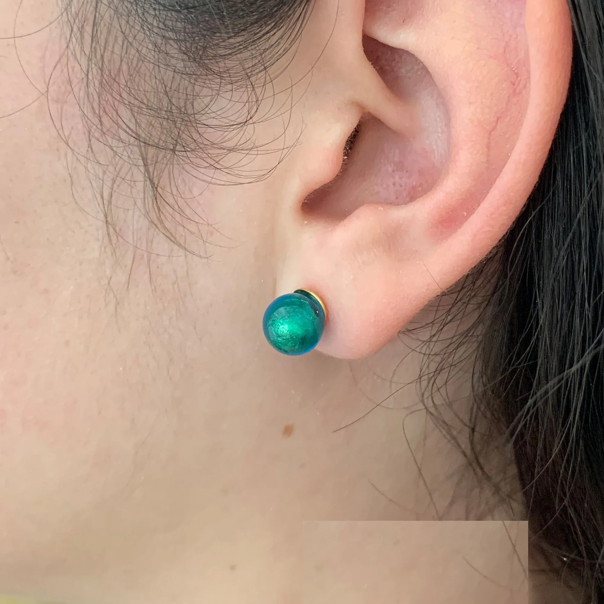 Earrings with sea green (jade, teal) Murano glass sphere studs on 24ct gold plated posts