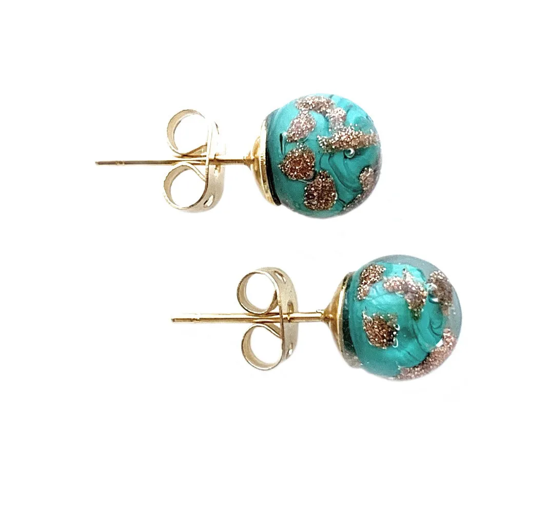 Earrings with teal (green) pastel aventurine Murano glass sphere studs on 24ct gold plated posts