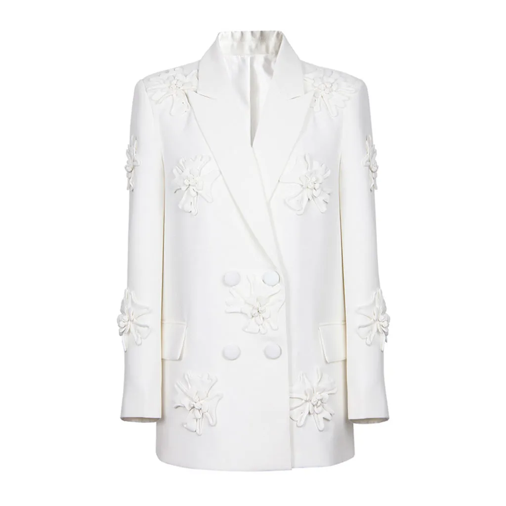 Edgy Floral Embroidered Peak Lapel Double Breasted Blazer