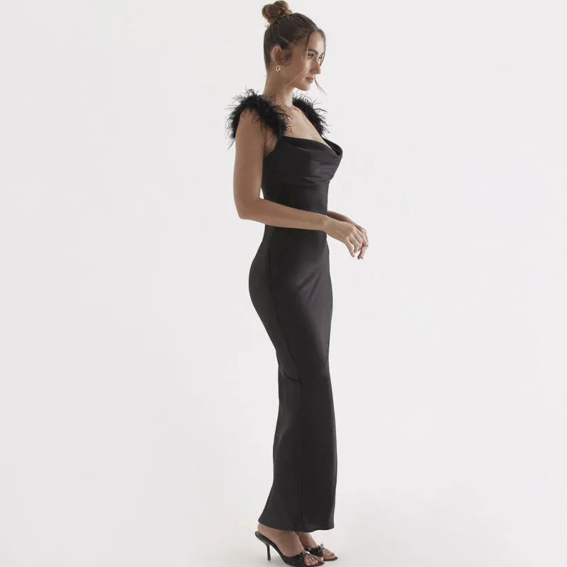 Elegant Feather Trim Draped Cowl Neck Satin Maxi Evening Dress - Black