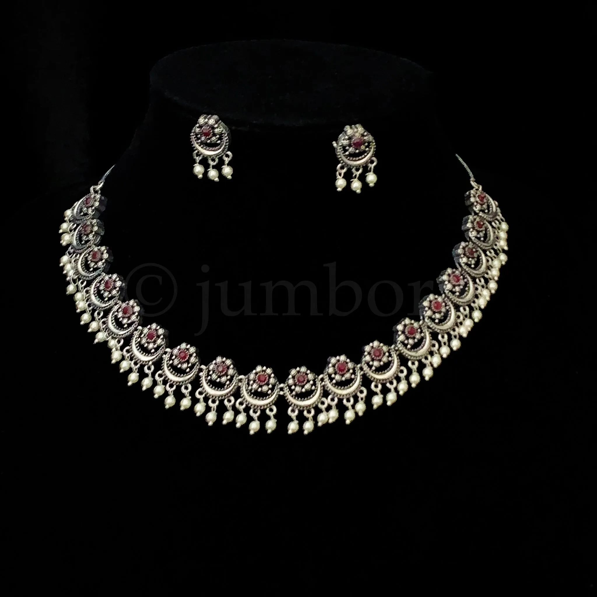 Elegant Oxidized Silver Necklace Set with Floral Motif and Pearls