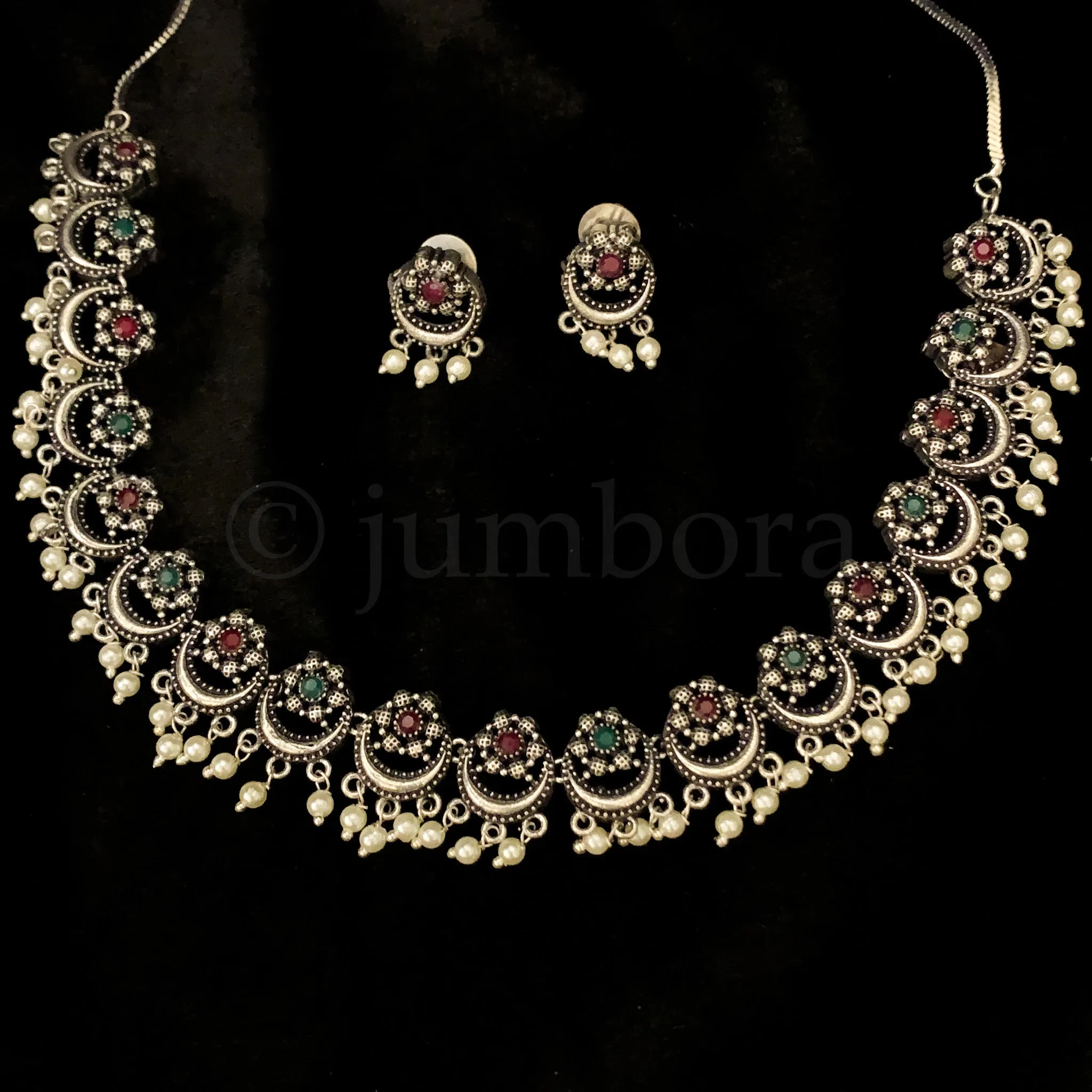 Elegant Oxidized Silver Necklace Set with Floral Motif and Pearls