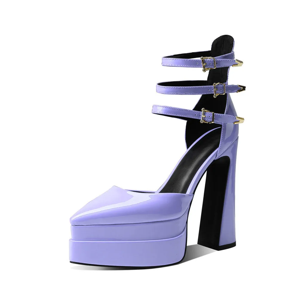 Glossy Pointed Toe Platform Block Heel Ankle Strap Pumps - Purple