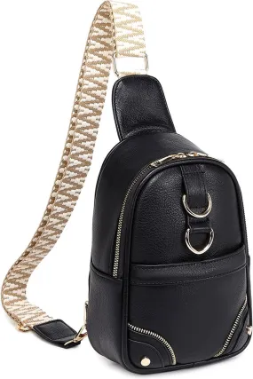 Gold Ring Zipper Sling Fanny Travel Crossbody Bag- Black