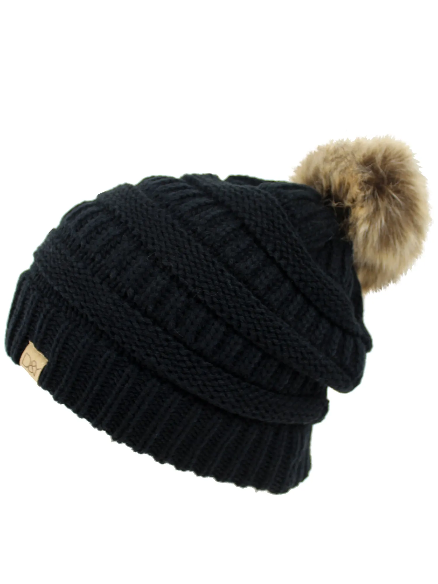 Halo Ribbed Slouch Beanie Cap Hat With Fur Pom Pom